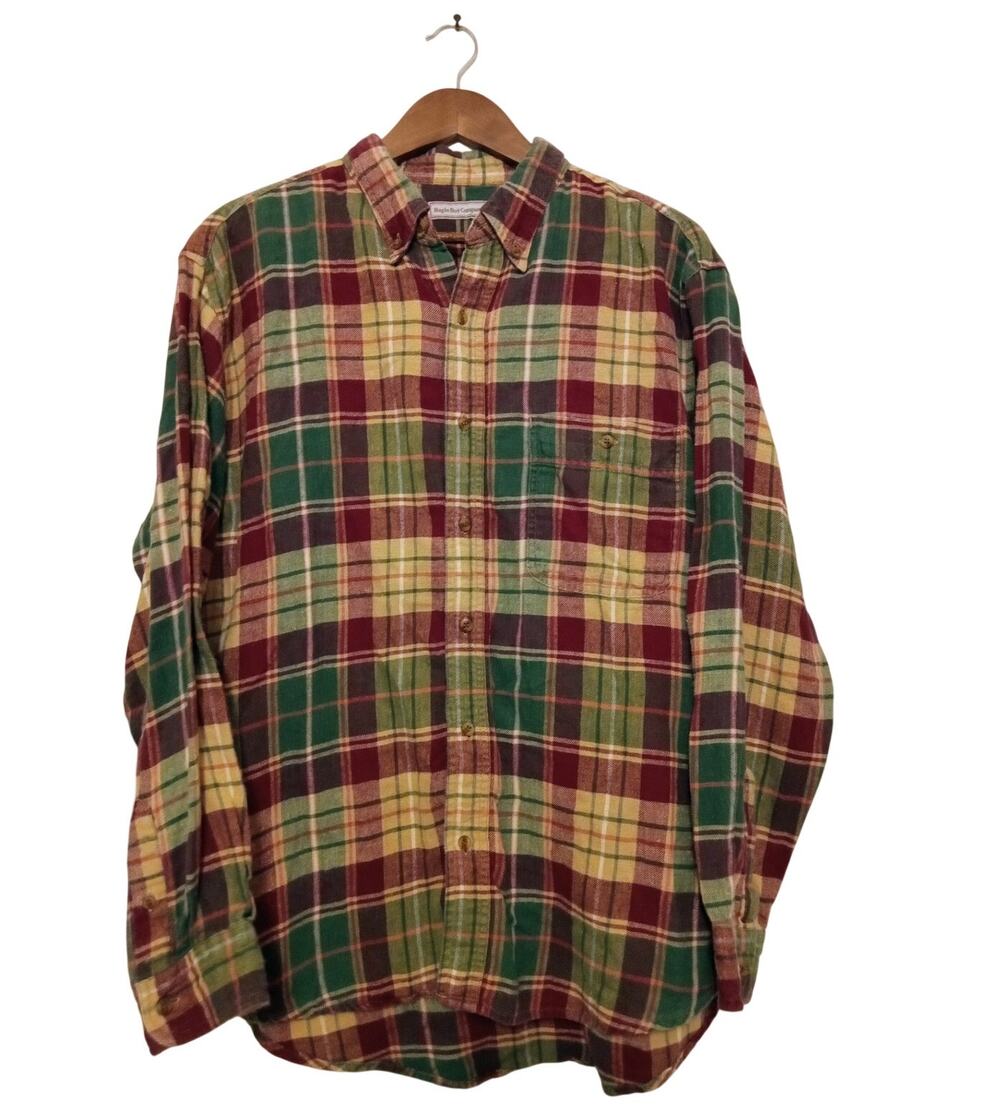 Vtg 90s Bugle Boy Co Plaid Flannel Shirt Green Red Earth Tone Tartan Grunge SZ L